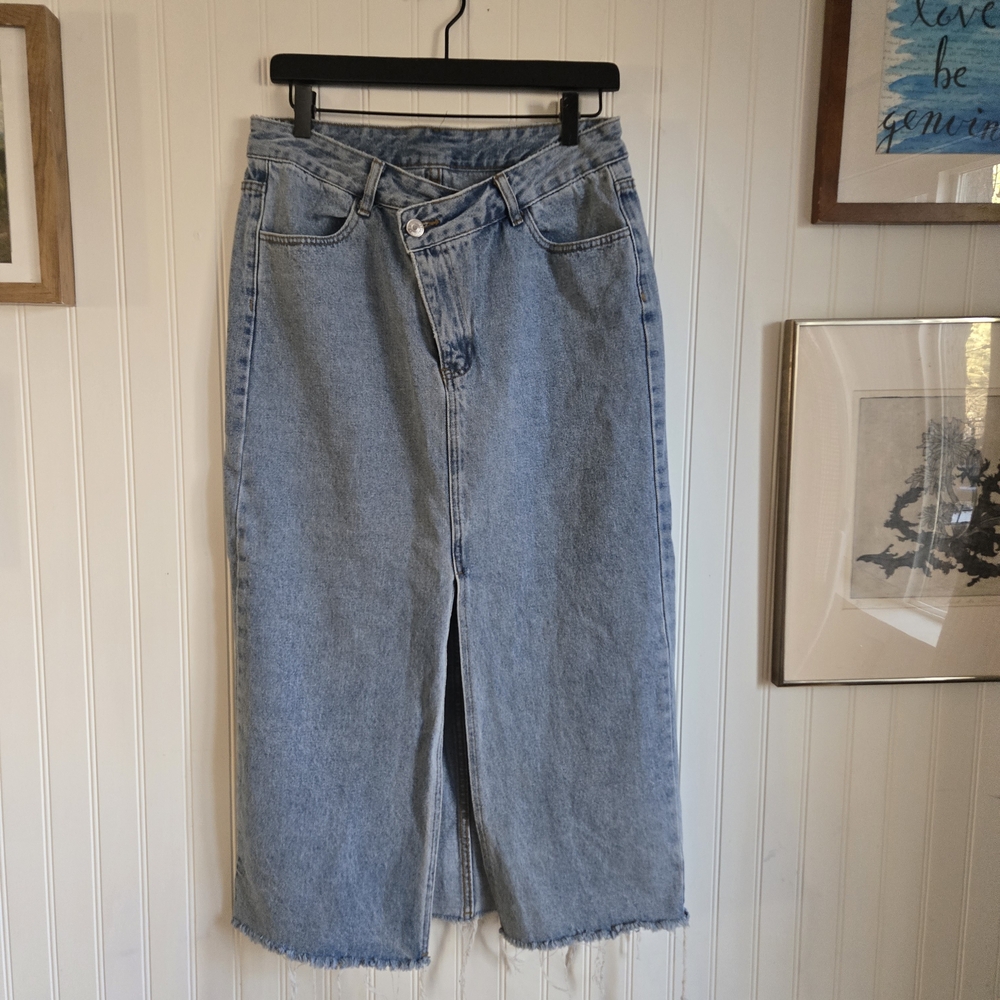 Women's Blue Denim Midi Skirt High Slit Raw Hem Asymmetrical Button Closure